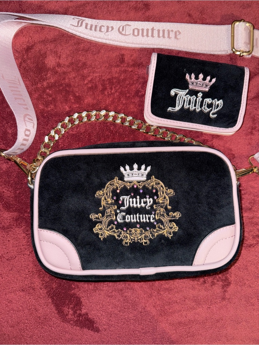 Juicy Couture Black and Pink Velvet Crossbody with Gold Embroidery bag and walle